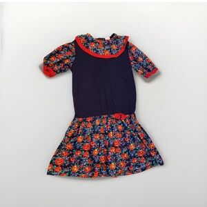 Vintage Polly Flinders collar drop waist dress girls size 14 navy blue red roses